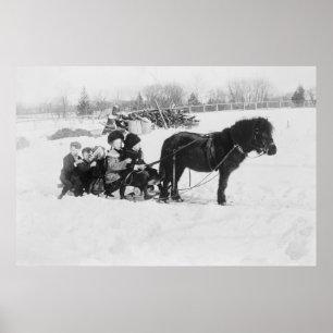 Children on Pony Drawn Sled Photograph Poster
