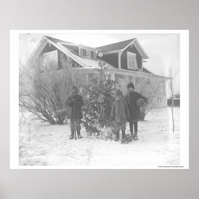 Children outside with Christmas tree Poster (Front)