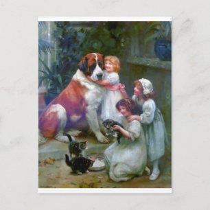 Children Pets Dog Cats Painting Postcard