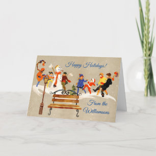 Children Play in Snow Name Art Deco Holiday Card