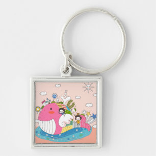 Children playing by fish in pond keychain