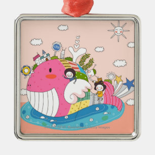 Children playing by fish in pond metal ornament