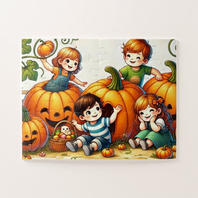 Children Playing in a Pumpkin Patch Jigsaw Puzzle (Horizontal)