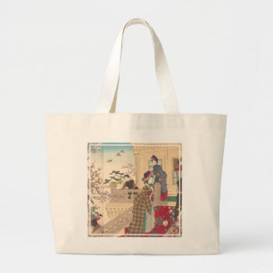 Children Playing in the Snow under Plum Trees Large Tote Bag