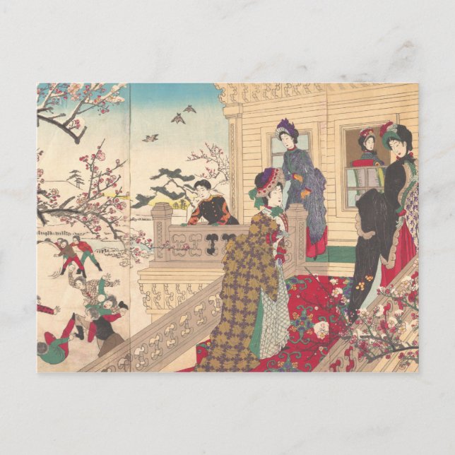 Children Playing in the Snow under Plum Trees Postcard (Front)