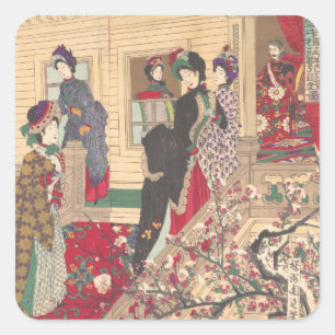 Children Playing in the Snow under Plum Trees Square Sticker