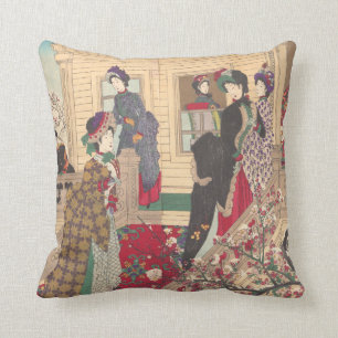 Children Playing in the Snow under Plum Trees Throw Pillow