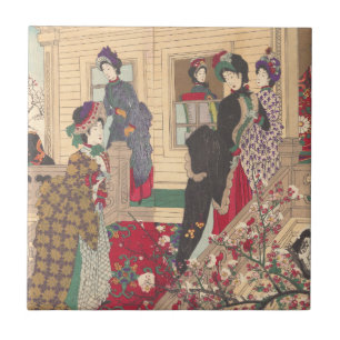 Children Playing in the Snow under Plum Trees Tile