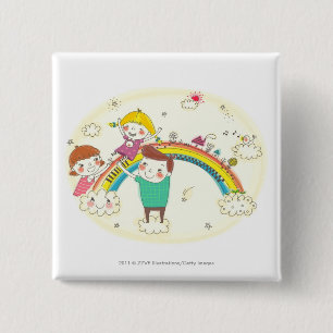 Children playing on rainbow 2 inch square button