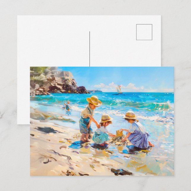 Children Playing on the Beach - Impressionist Art Postcard (Front/Back)