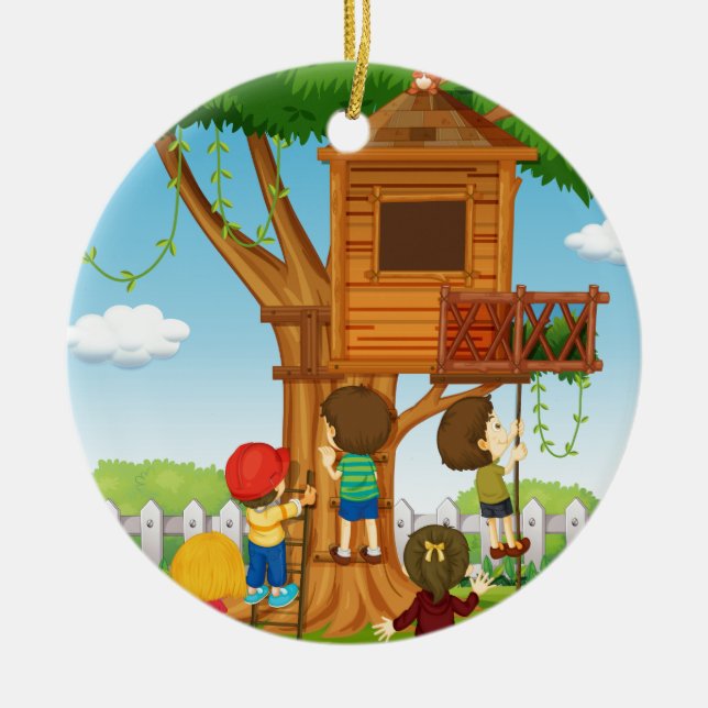 Children playing on the treehouse ceramic ornament (Front)