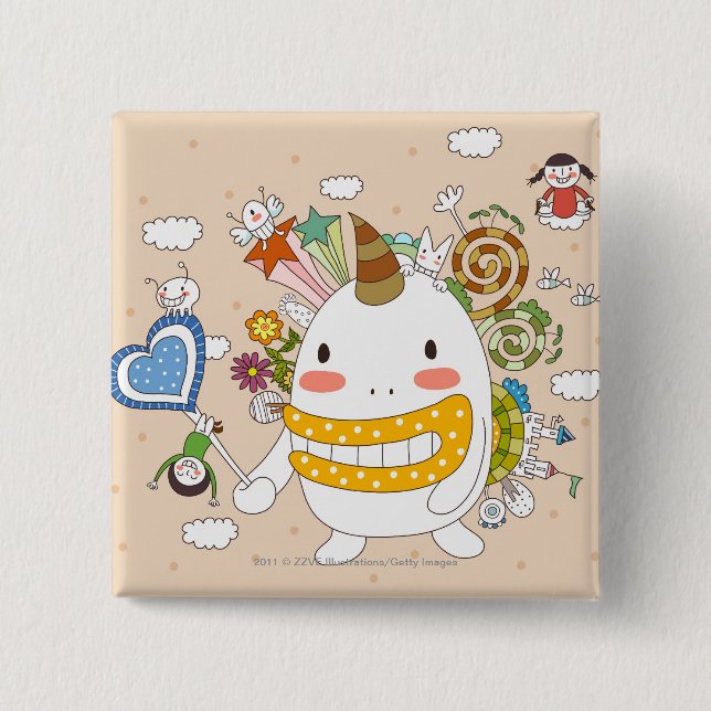 Children playing with monster 2 inch square button (Front)