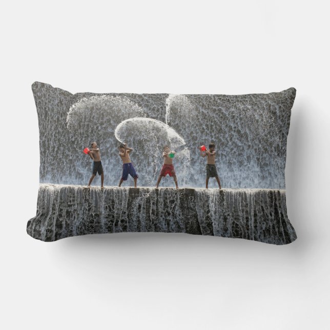 Children Playing with Water Buckets in Front of a  Lumbar Pillow (Front)