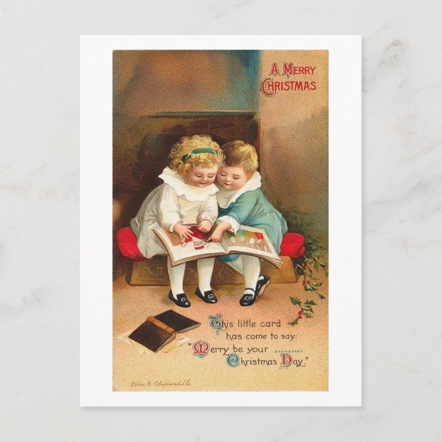 Children Reading Book Christmas Card (Front)