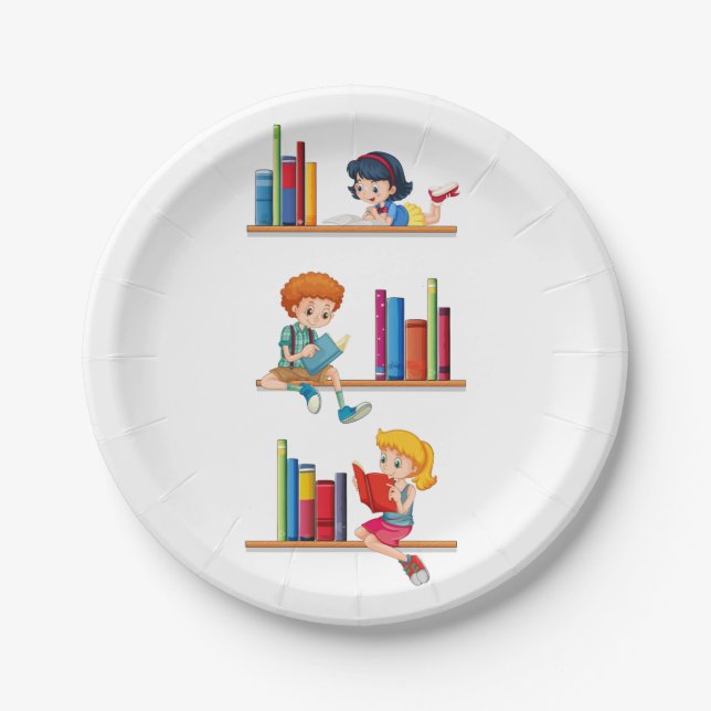 Children Reading Books Paper Plate (Front)