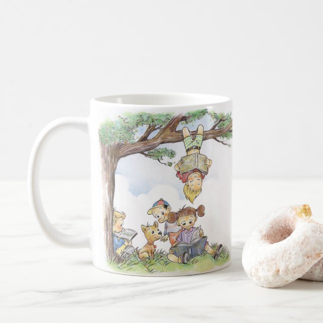 Children Reading Under Tree Coffee Mug (With Donut)