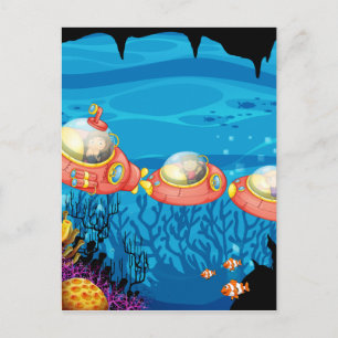 Children riding submarine underwater postcard