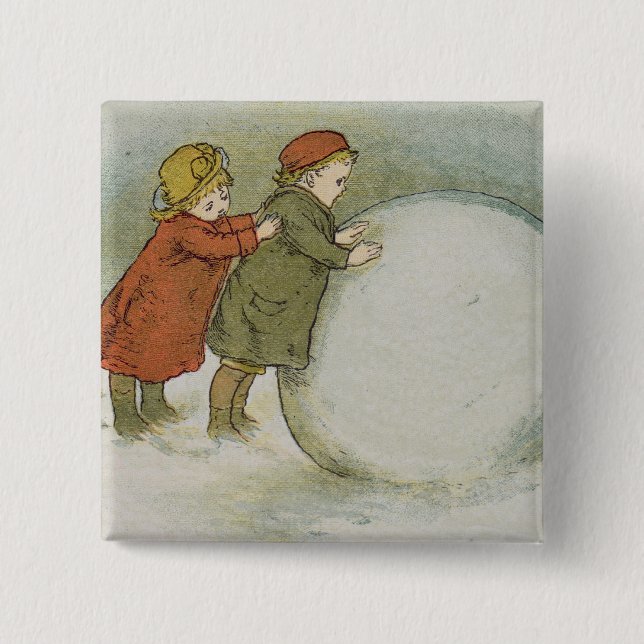 Children Rolling Snowballs 2 Inch Square Button (Front)