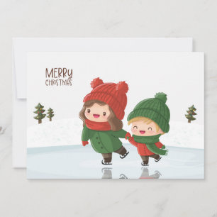Children skating on ice at Christmas Holiday Card