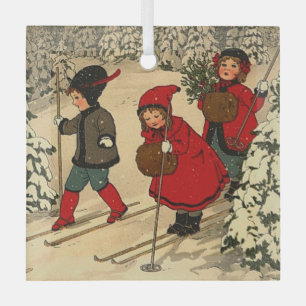Children skiing, a vintage winter scene   glass ornament