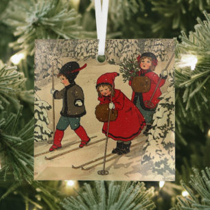 Children skiing, a vintage winter scene glass ornament