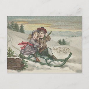 Children Sledding Christmas Tree Snow Winter Holiday Postcard