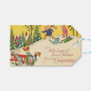Children sledding down snowy hill - vintage look gift tags