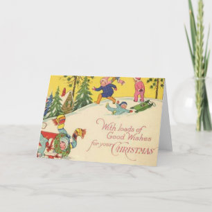 Children sledding down snowy hill - vintage look holiday card