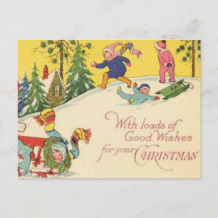 Children sledding down snowy hill - vintage look holiday postcard