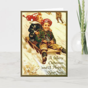 Children Sledding Fun Vintage Look Merry Christmas Thank You Card