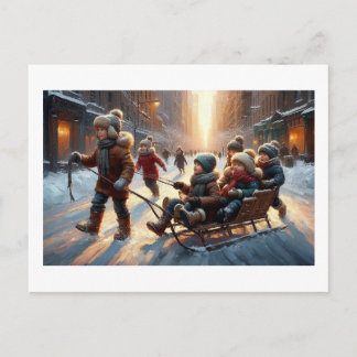 Children Sledding In A Snowy Street, Postcard