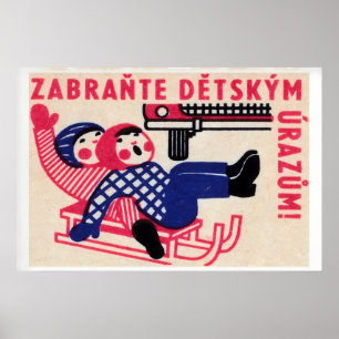 Children Sledding Matchbox Art Print, Czech Poster