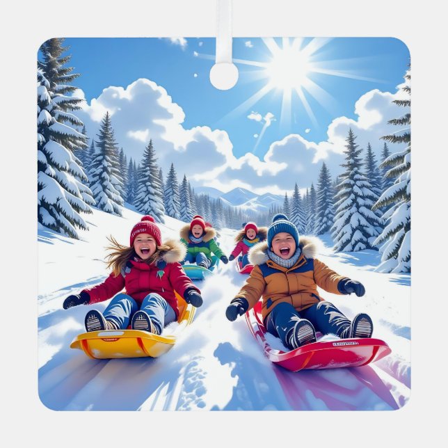 Children Sledding Winter Christmas Metal Ornament (Front)