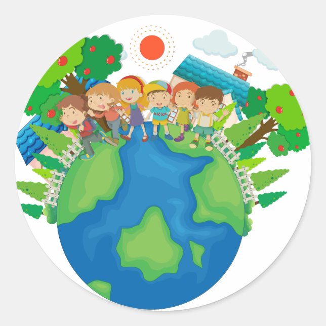 Children standing around the world classic round sticker (Front)