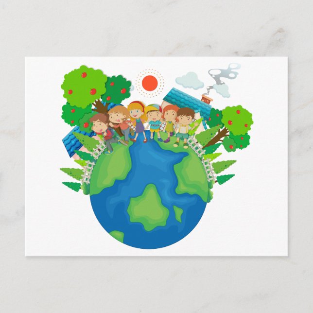 Children standing around the world postcard (Front)