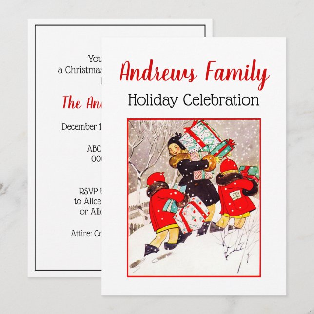 Children Struggling with Christmas Presents in Sno Invitation (Front/Back)
