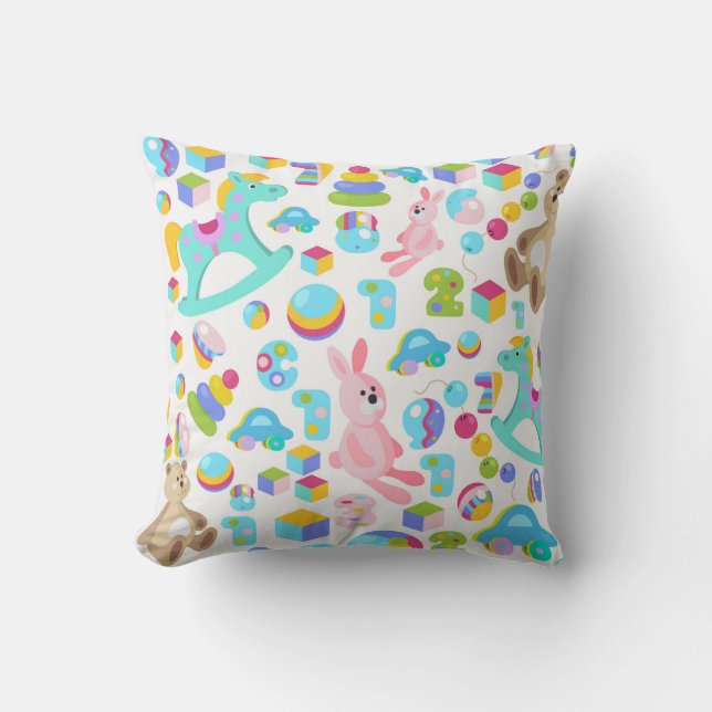 Children Toy Pattern With Teddy Bear Throw Pillow (Front)