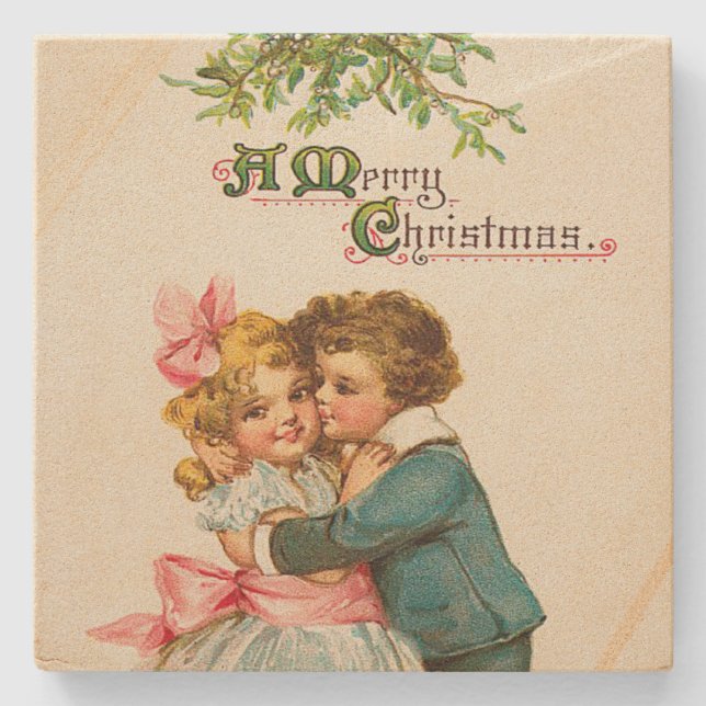 Children Under Mistletoe Christmas Stone Coaster (Front)