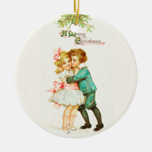 Children Under Mistletoe Vintage Christmas Ceramic Ornament