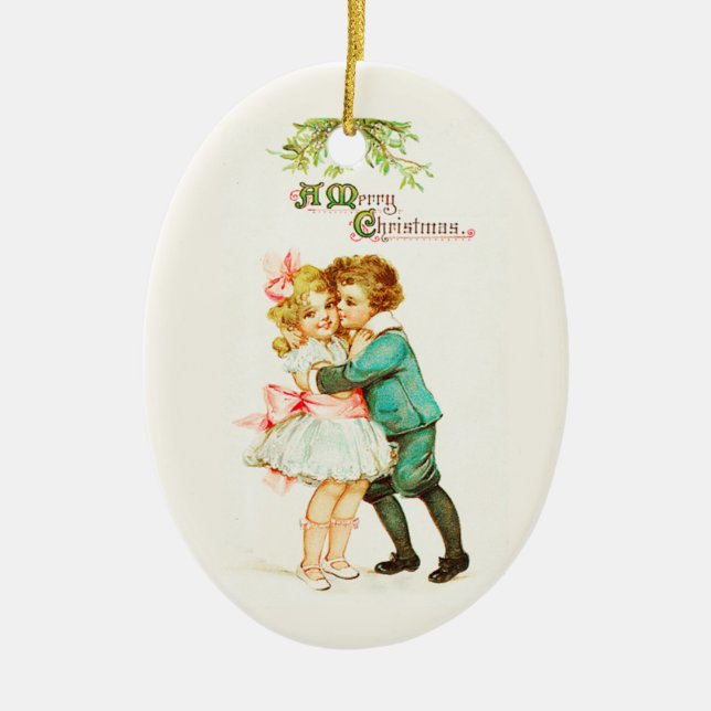 Children Under Mistletoe Vintage Christmas Ceramic Ornament (Front)