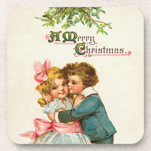 Children Under the Mistletoe Set of Cork Coasters