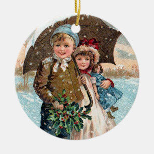 Children walking through the snow ceramic ornament