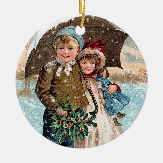Children walking through the snow ceramic ornament (Front)