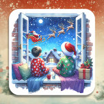 Children Watching Santa's Sleigh Christmas Eve Square Sticker<br><div class="desc">Christmas stickers with an illustration of Santa Claus flying through the sky with his reindeer and sleigh on Christmas eve as children watch through their bedroom window.</div>
