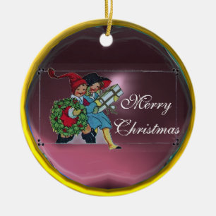 CHILDREN WITH CHRISTMAS GIFTS CERAMIC ORNAMENT