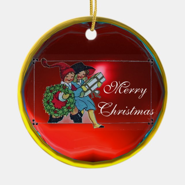 CHILDREN WITH CHRISTMAS GIFTS CERAMIC ORNAMENT (Front)