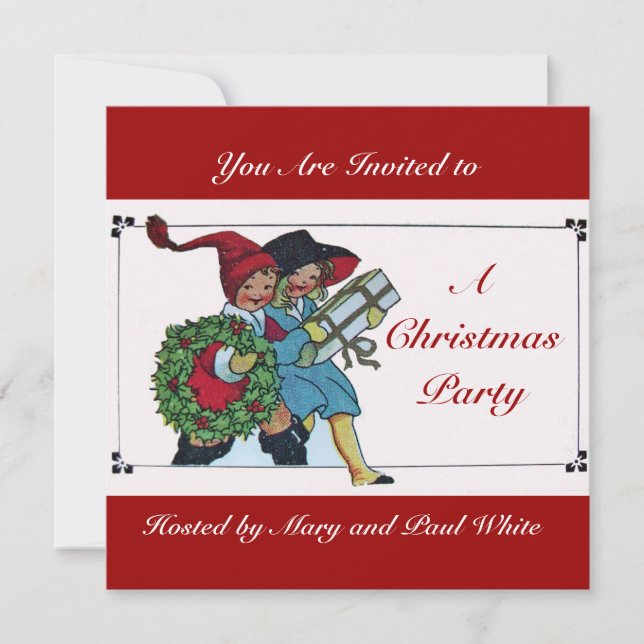 CHILDREN WITH CHRISTMAS GIFTS white red Invitation (Front)