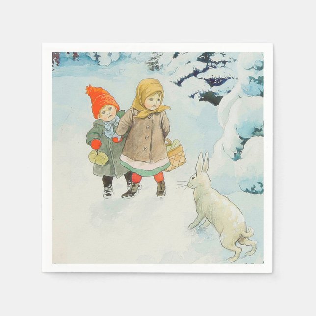 Children with hare in wintertime - Christmas Napkin (Front)