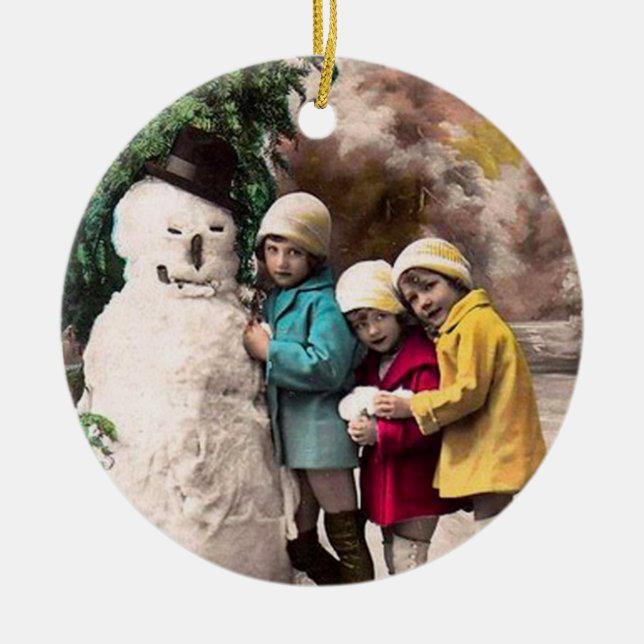 CHILDREN WITH SNOWMAN CERAMIC ORNAMENT (Front)
