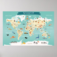 Children World Map with Animals and Landmarks